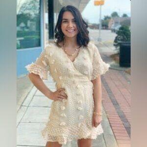 She+Sky Cottagecore Cream Textured 3D Pom-Pom Wrap Mini Dress Lined Coquettish L